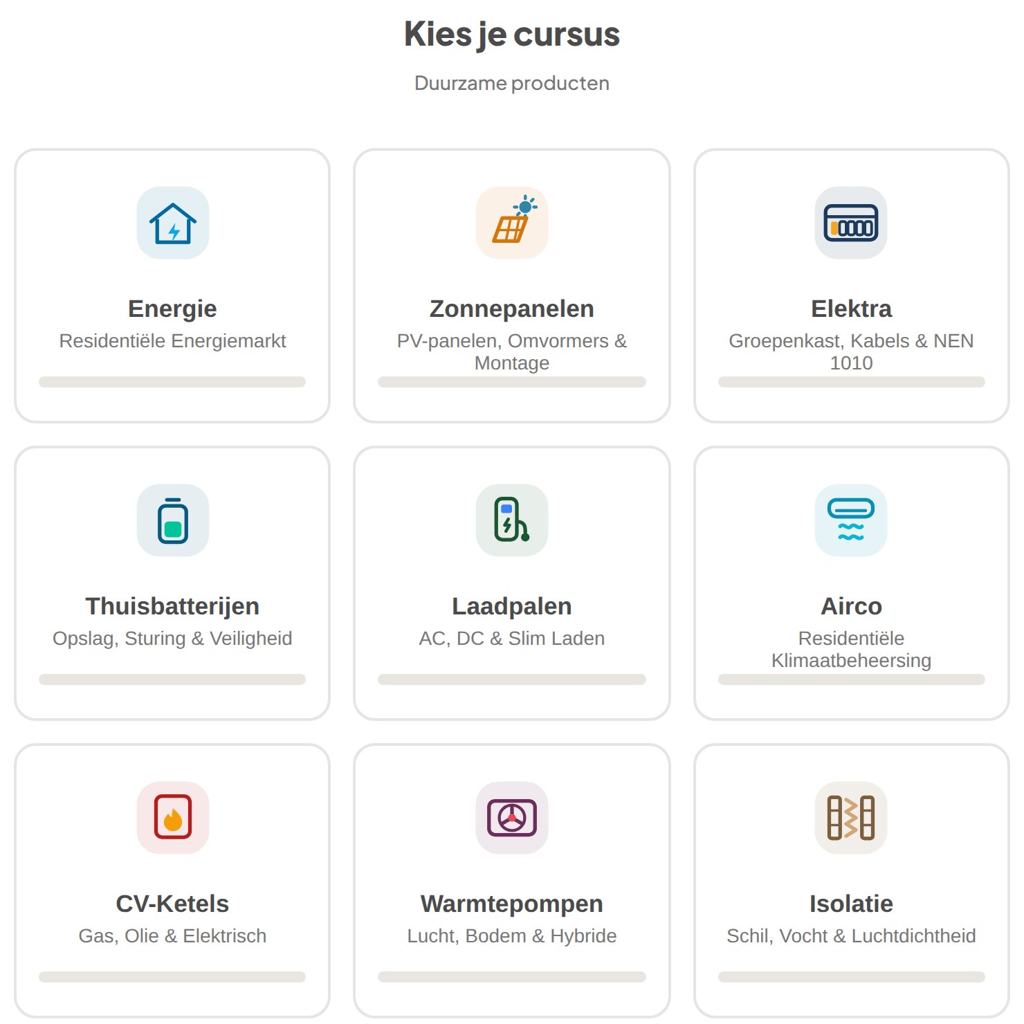 Het cursusoverzicht in de app: Energie, Zonnepanelen, Elektra, Thuisbatterijen, Laadpalen, Airco, Cv-ketels, Warmtepompen en Isolatie