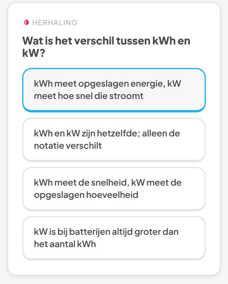 De herhaaltoets met dezelfde vraag over kWh en kW