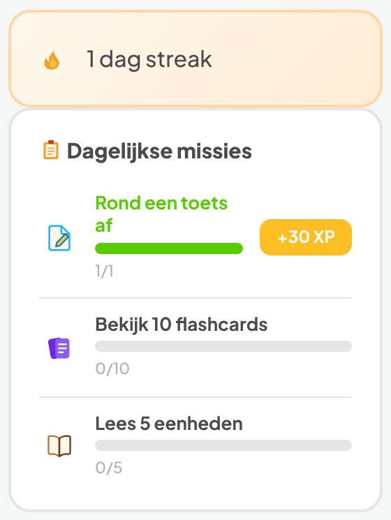 Een reeks van één dag en de dagelijkse missies, met XP voor een afgeronde toets