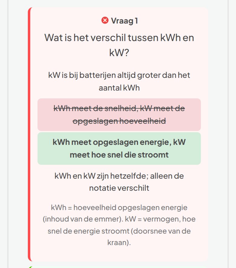 Een toetsvraag over kWh en kW: het foute antwoord doorgestreept, het goede groen, met uitleg eronder